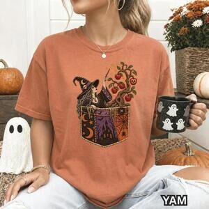 Halloween Witch Faux Patchwork Pocket Shirt - Haunted Apple Tree Witchy Fall Tee